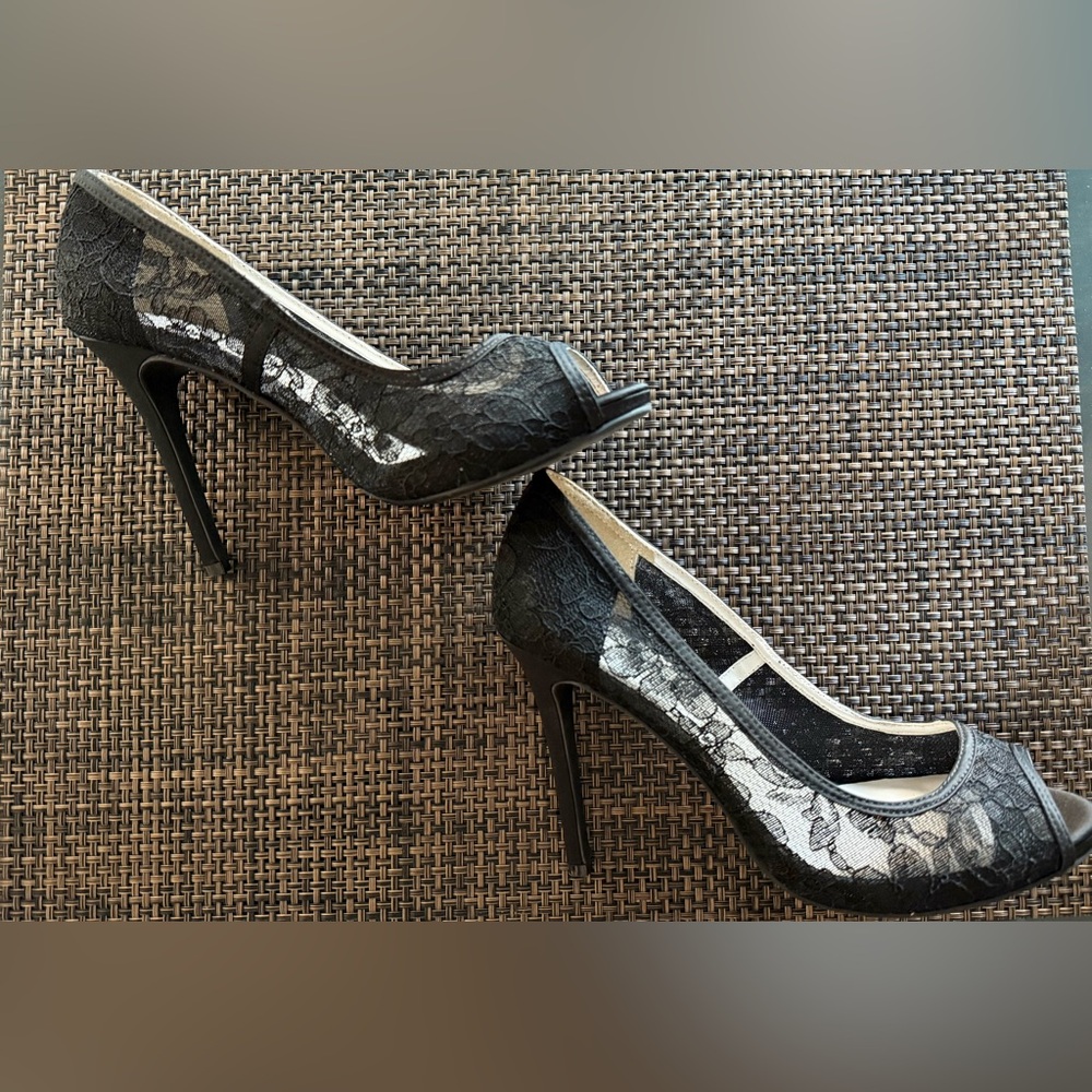 David's Bridal Black Lace Peep-Toe Heels